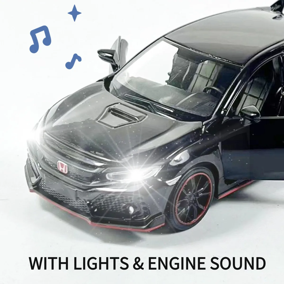 1:32 Honda Civic Pullback Car Toy with Lights Engine Sound, Scale Diecast Car Model Replica Kid Boy Play Gift