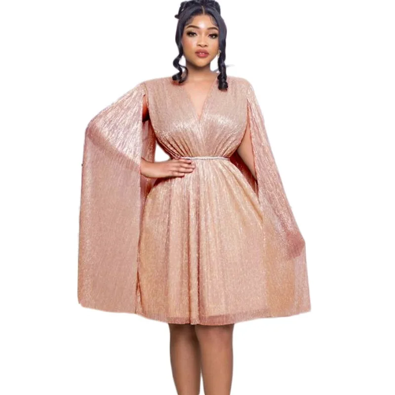 Elegante ruches formele feestmantel mini-jurken dames sexy geplooide v-hals split lange mouw club avondje uit trouwjurk