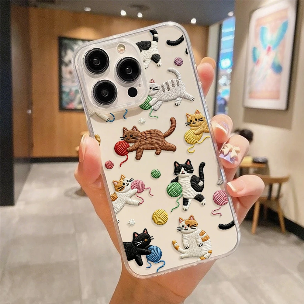 Embroidered Ball of Thread Kitten Phone Case For iPhone 18 17 16 15 14 13 12 11 Pro Max Shockproof Bumper Protection Back Cover view 5