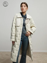 DUSHU 78.8G Filling Capacity Windbreaker Style Patchwork Plaid Women Down Jackets Office Lady Long White Duck Down Coats