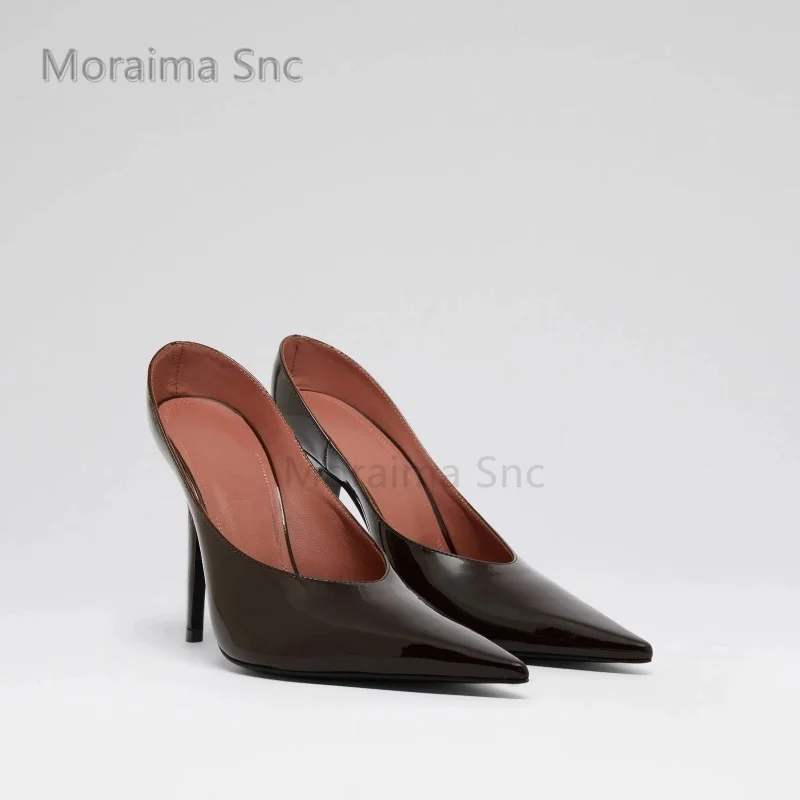 Women Dark Brown Patent Pointed Toe Mules Stiletto High Heel Slip On Backless Sandals Elegant Evening Party Dress Slippers