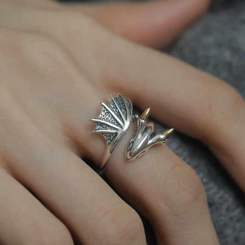 PANJBJ 925 Zilveren Vleugel Draak Punk Ring voor Vrouwen Meisje Party Gift Retro Hiphop Mode-sieraden Dropshipping