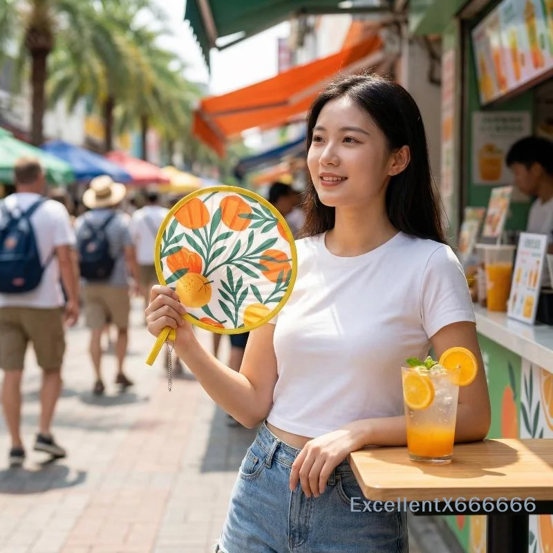Foldable Round Hand Fan Cute Pastel Color Print Portable Hanging Chain Lightweight for Teenager School Outdoor Activity