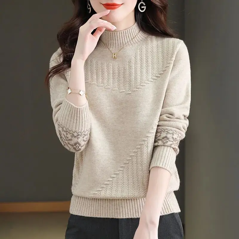 Half High Collar Screw Thread Lantern Long Sleeve Autumn Winter Women\'s Clothing Pullover Sweater Knitted Flattering Tops