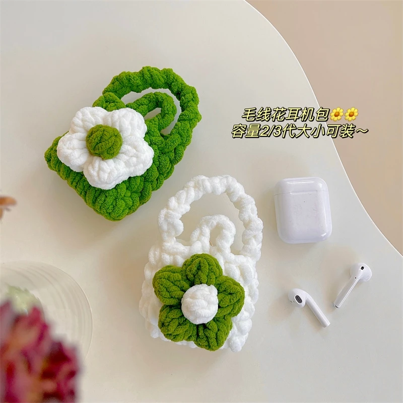 INS – sac à main en peluche tricoté à fleurs, étui pour écouteurs Airpods1/2/3 Pro, écouteurs Bluetooth, housse souple pour écouteurs, 3 boîtes
