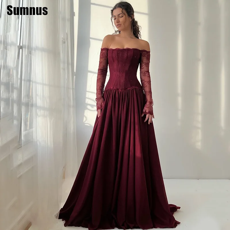

Sumnus Vintage A-Line Prom Dresses Burgundy Off Shoulder Lace Full Sleeve Draped Beading Evening Dresses vestidos Customized