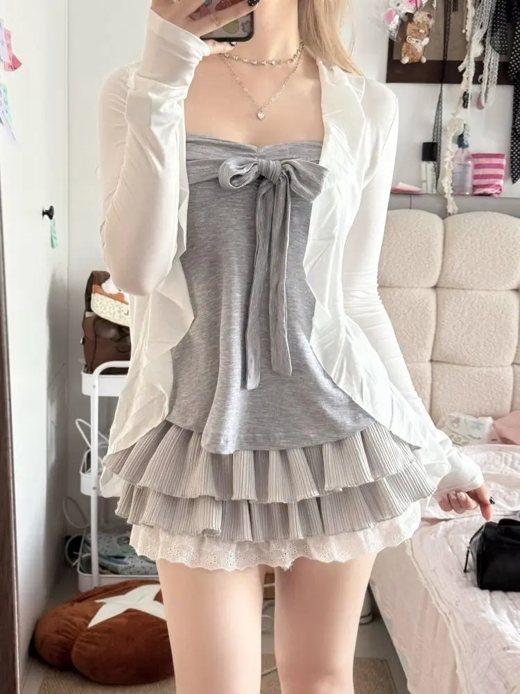 Autumn Sweet Soft Spaghetti Strap Camisole Set Women Bow Lace Trim Cropped Ruffle Cardigan Slim Fit Mini Sexy 2-piece Set New