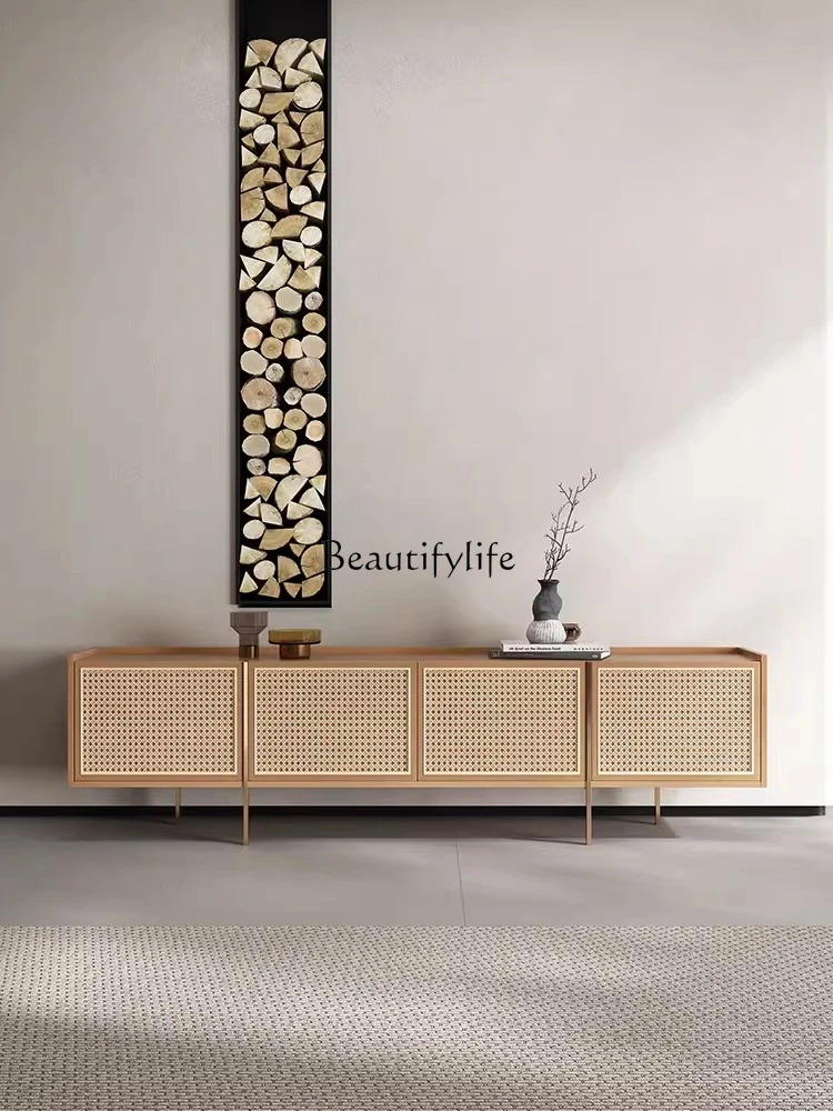 

02 Medieval TV Cabinet Retro Rattan Living Room Light Luxury Floor Cabinet