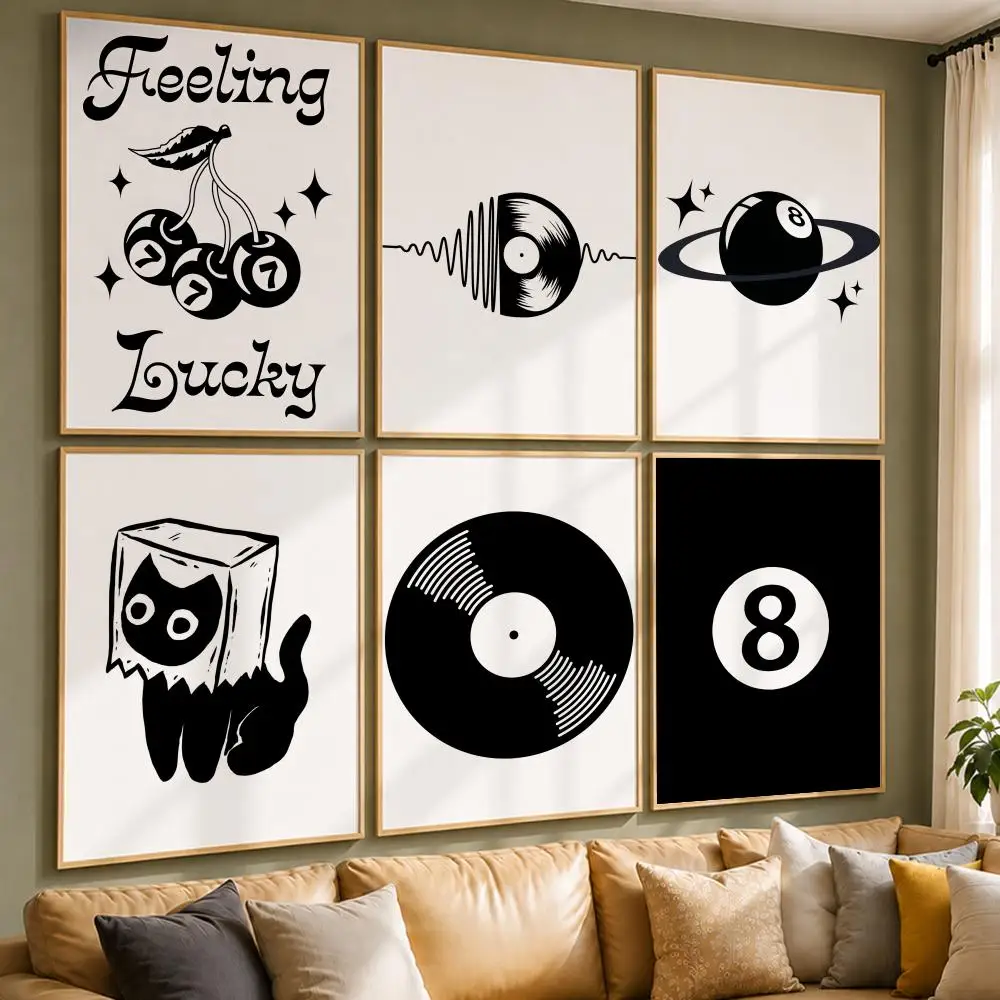 Retro Art B-Billiard Cat Record PlayerS Poster Vintage Retro Anime Poster Stickers Peel and Stick Wall Art Home Decor