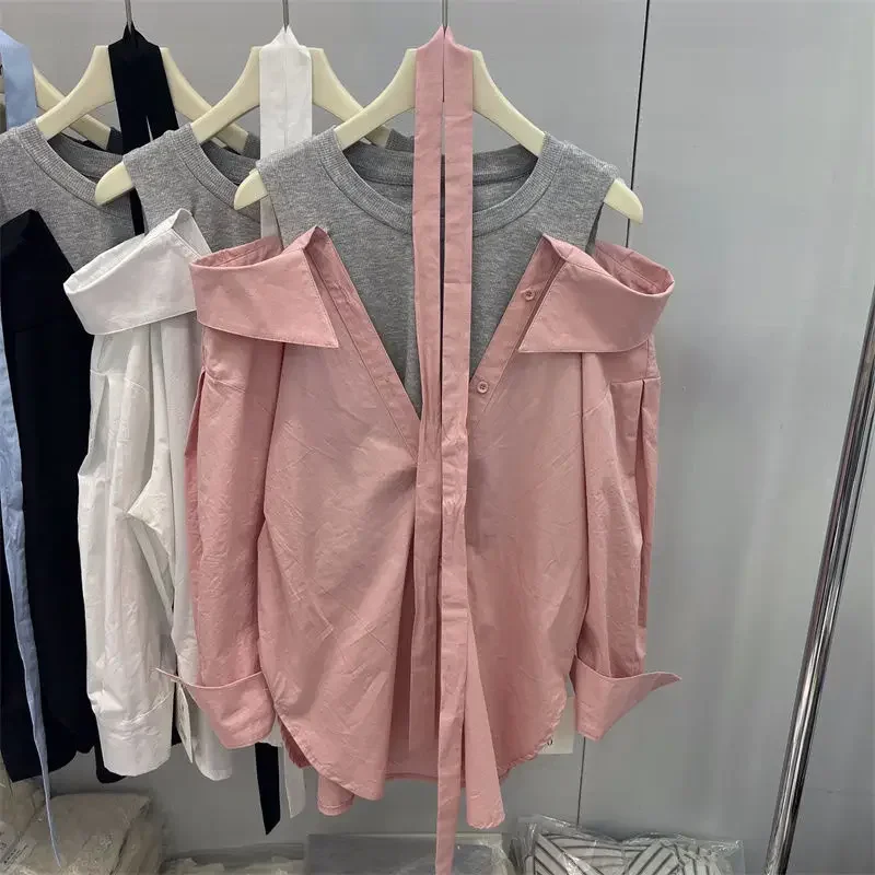 2024 Shirts for Women Blusas Mujer Fake Two Shirt Loose Long Sleeve Off Shoulder Top Femininas Elegantes Spring T-shirts Pink