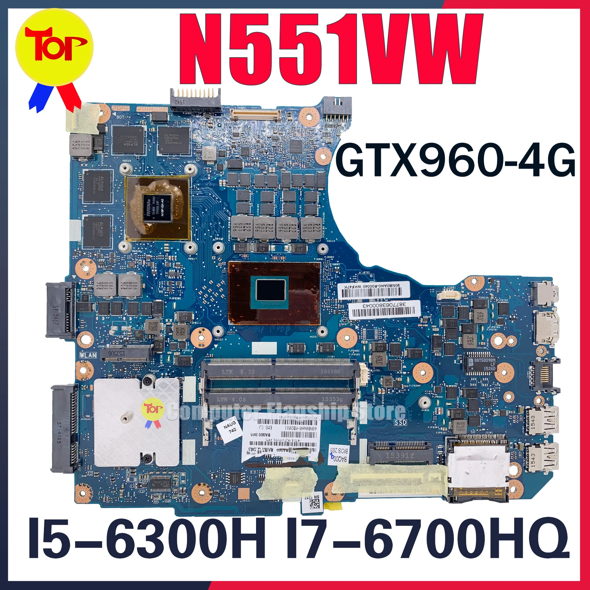 

N551VW Laptop Motherboard For ASUS G551VW N551V G551V GL551V FX51V FX51VW Mainboard I5-6300H I7-6700H GTX960M 100% Working