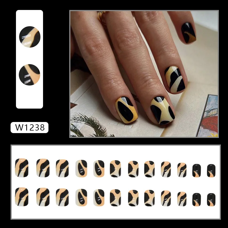 

24Pcs Short Oval Press on Nails - Bold Yellow with Black Accents | Edgy Minimalist Style with Application Tool
