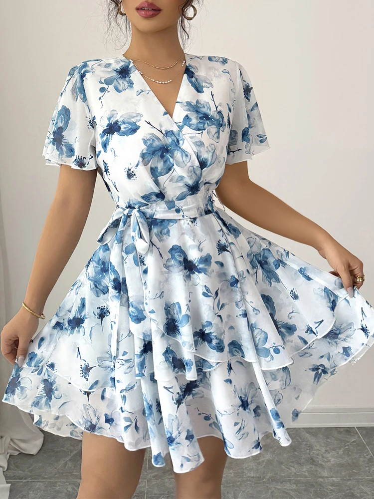 Robe à lacets imprimée pour femmes, robe florale, robe décontractée, robes élégantes, robes à manches courtes, robe de vacances, nouvelle mode d'été