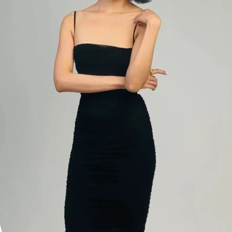 Vestido feminino malha franzido fino ajuste longo alça espaguete vestido elegante deve ter festas elegantes e banquetes noturnos