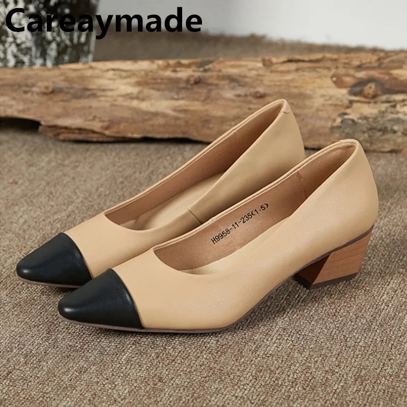 

Careaymade-Hotsale,Pure Handmade Genuine Leather Single Shoes Women's Contrast Color High Heel Nude Pointed Women's Shoes