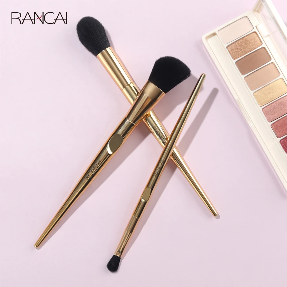 RANCAI 3 PCS Makeup Brushes Set Gold Contour Powder Blusher Eyeshadow Highlighter Brush Cosmetics Blending Detail Make Up Beauty