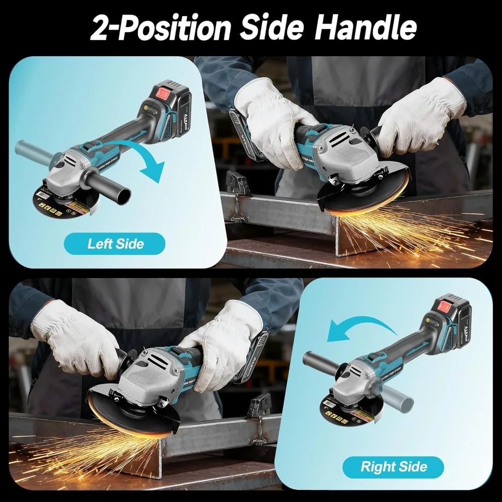 Draadloze haakse slijper met 2 x 4,0 Ah batterij, 4-1/2 borstelloze accu-aangedreven slijpmachine, 4 variabele snelheden 8500 RPM voor metaal