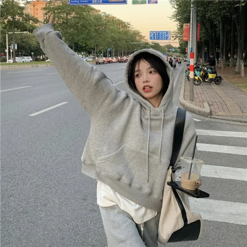 Korean Winter Women Solid Fleece Hoodies Clothing Long Sleeve Tops Loose Pocket Sweatshirt Female Casual Harajuku Pullover Y2k