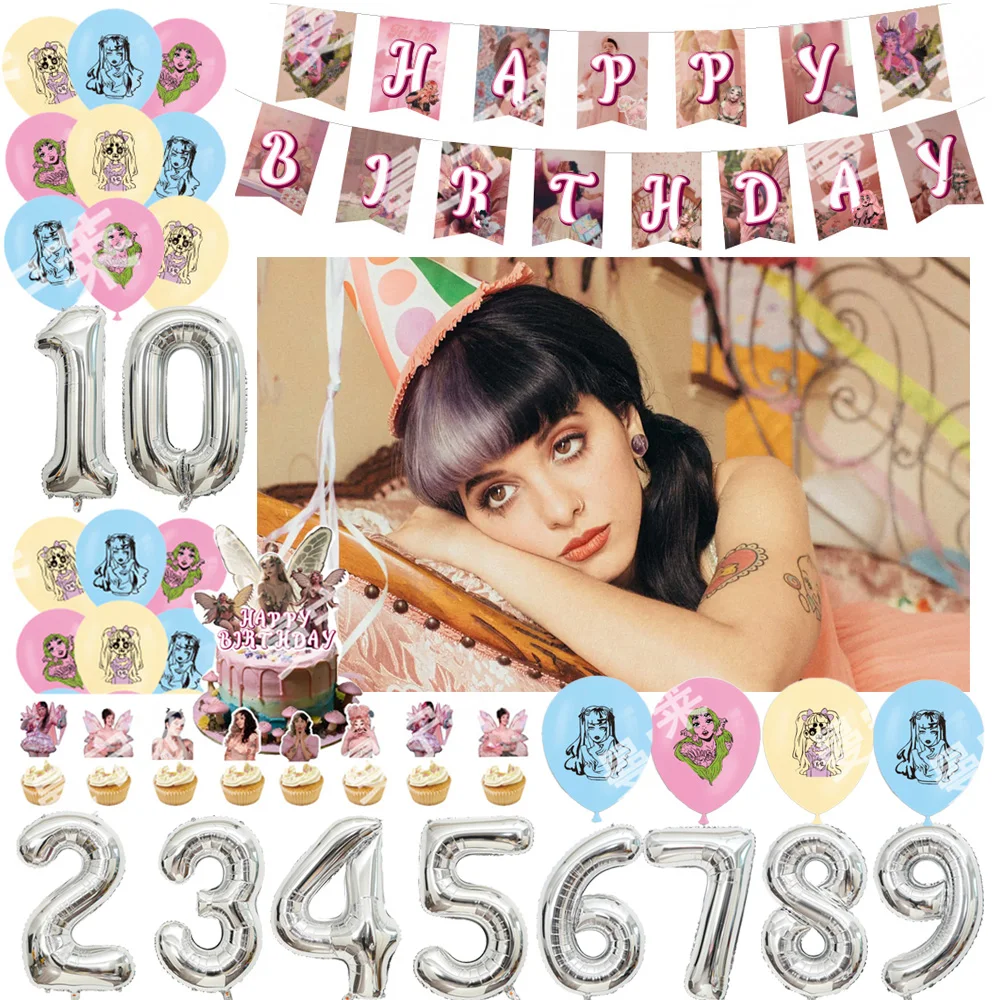 

M-Melanie Martinez Birthday Party Decorations Number Balloon Cake Topper Popular Singer Backdrop Banner Party Supplies Fans Gift