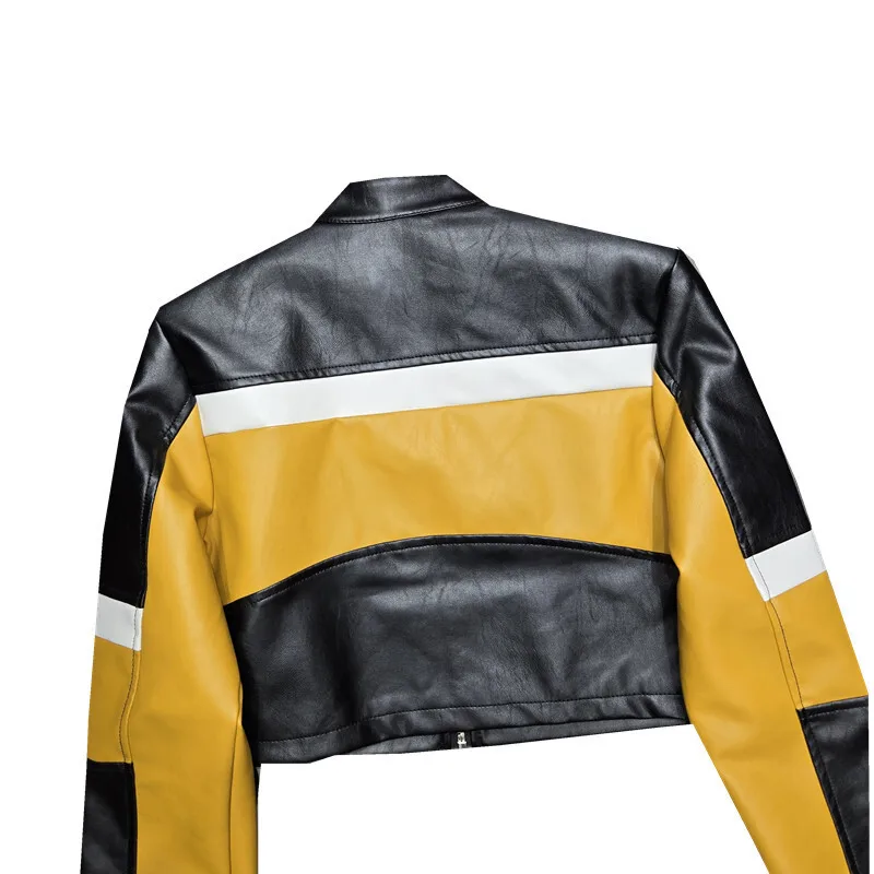 HKSH Spring Autumn New Women Short Leather Jacket Contrast Color Patchwork Moto Biker Zipper Baseball Coat Tide Tops Ins HK12773