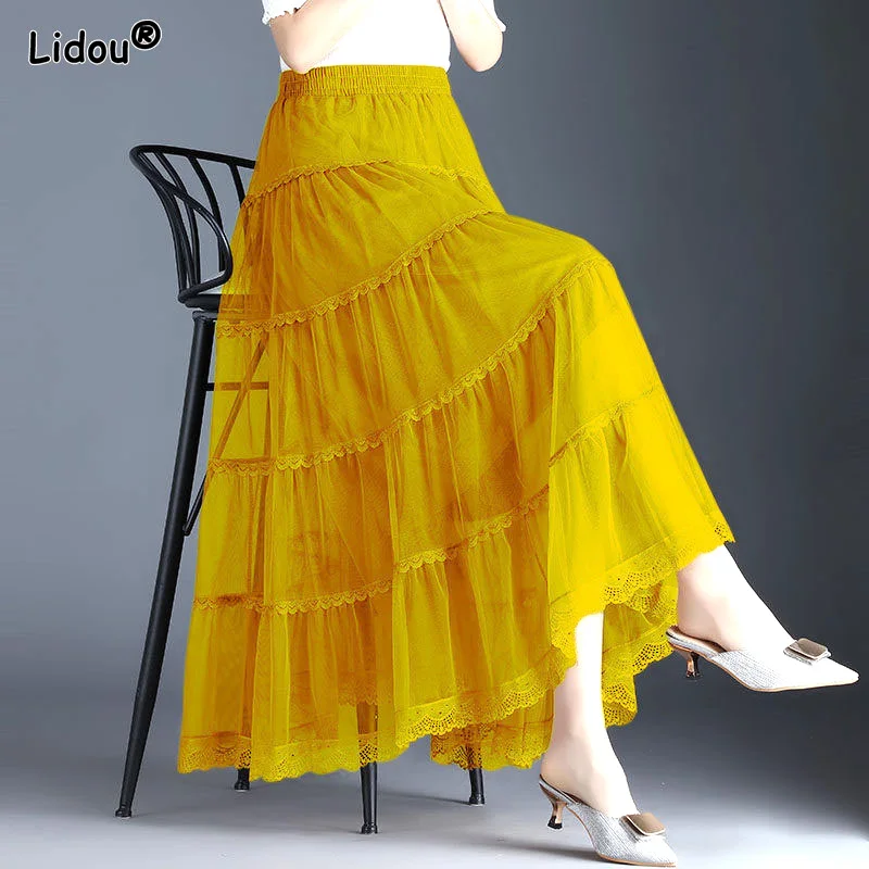 Spring Summer New Mesh Ankle-length A-line Skirt High Waist Slub Gauze Drape Multiple Colour Bright Colors Slim Women's Clothing