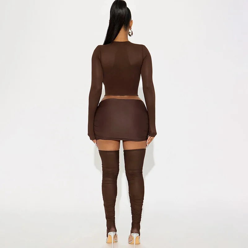 스타일리시 레이디 섹시 클럽 3피스 세트 여성 크로스 크롭 탑 & 미니 펜슬 스커트 및 니 랩 수트 2025 가을 시어 메쉬 의상