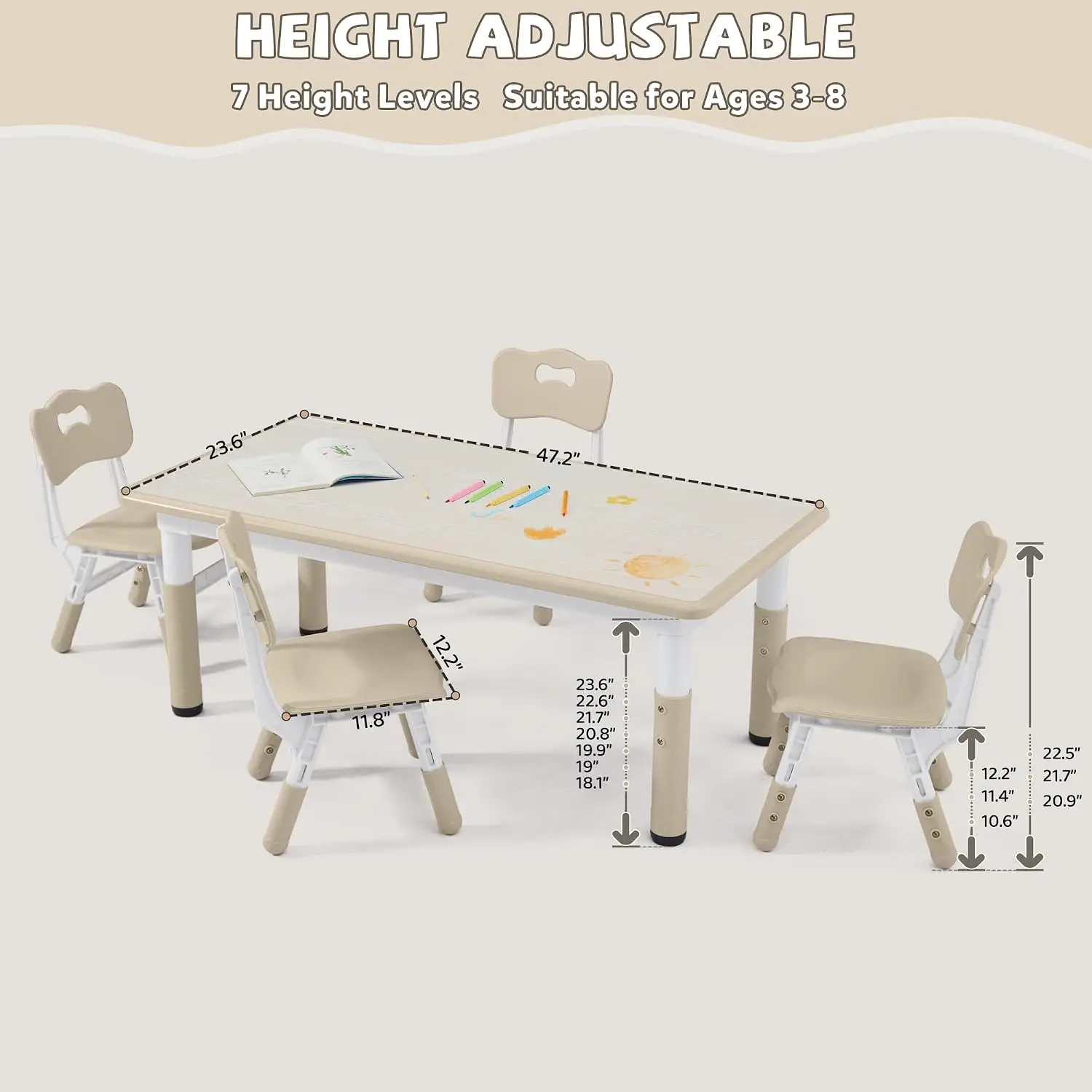 Kids Table & Chair Set Graffiti Desktop Height-Adjustable Desk Toddler 3-8 Home Classroom Daycare Wood 4 Chairs 47x24