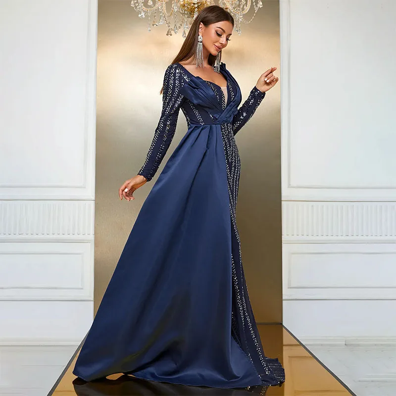 Blue sequined Mother Of The Bride Dress Long Sleeves Satin Evening Saudi Arabia Party Dresses Luxury Prom Formal Occasion Gowns