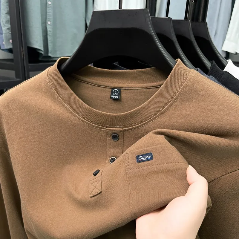 

Silk-Matte Cotton Long Sleeve T-Shirt Men's Casual Neckless round Neck Pocket Leisure Body Shirt Autumn Fashion Urban Style