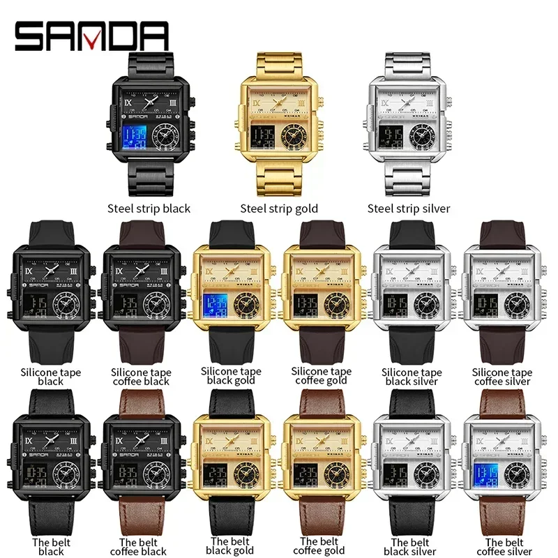 SANDA 2023 Nieuwe multifunctionele drie plaatsen tijd lichtgevend waterdicht horloge luxe gouden herenhorloges quartz horloge digitaal display