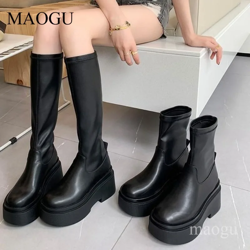 

Platform Women Ankle Boots Round Toe Leather Fashion Spring Autumn Shoes 2026 Trend Designer Gladiator Knee High