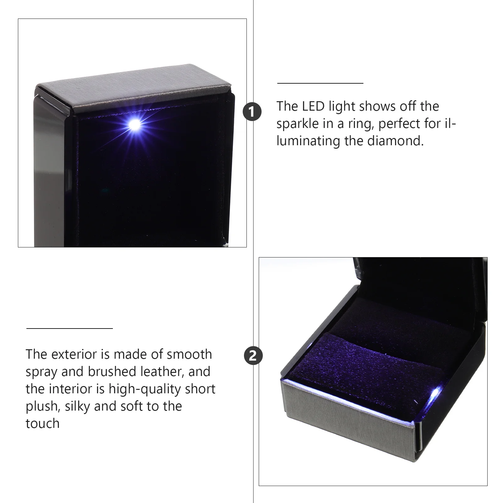 

2 шт., коробки для демонстрации ювелирных изделий со светодиодной подсветкой, черные, серые, гладкие чехлы для хранения обручальных колец, карманное кольцо-сюрприз