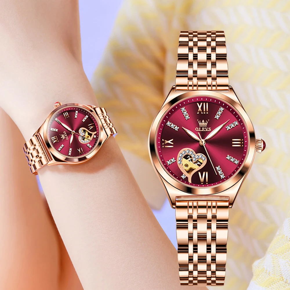 OLEVS Brand Luxury Fashion Red Dial Automatic Mechanical Watches For Women Waterproof Steel Ladies Watch reloj para mujer