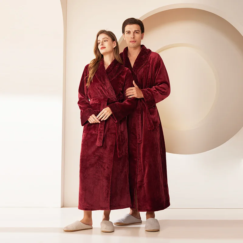 2024 Winter Men's Bathrobe Solid Color Belt Flannel Bath Robe Pockets Warm Men Nightgown Home Gown Sleepwear Men Clothing