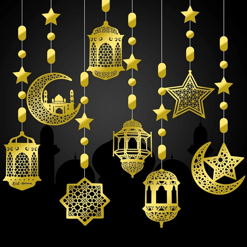 24 peças banner de festa estrela islâmica lua lanterna ramadan guirlanda eid decoração streamer ramadan mubarak festa banner, ouro