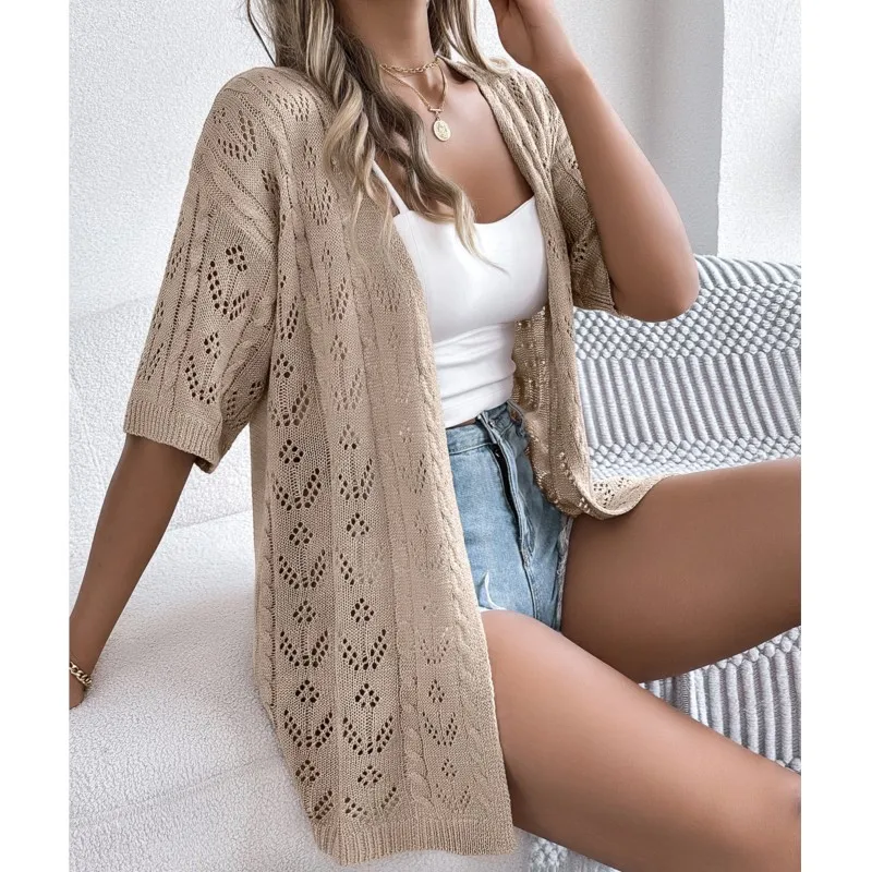 Beach Vacation 2024 Spring/Summer Solid Color Hollow Short Sleeve Knitted Cardigan Vacation Sun Protection Shirt Women\'s Wear