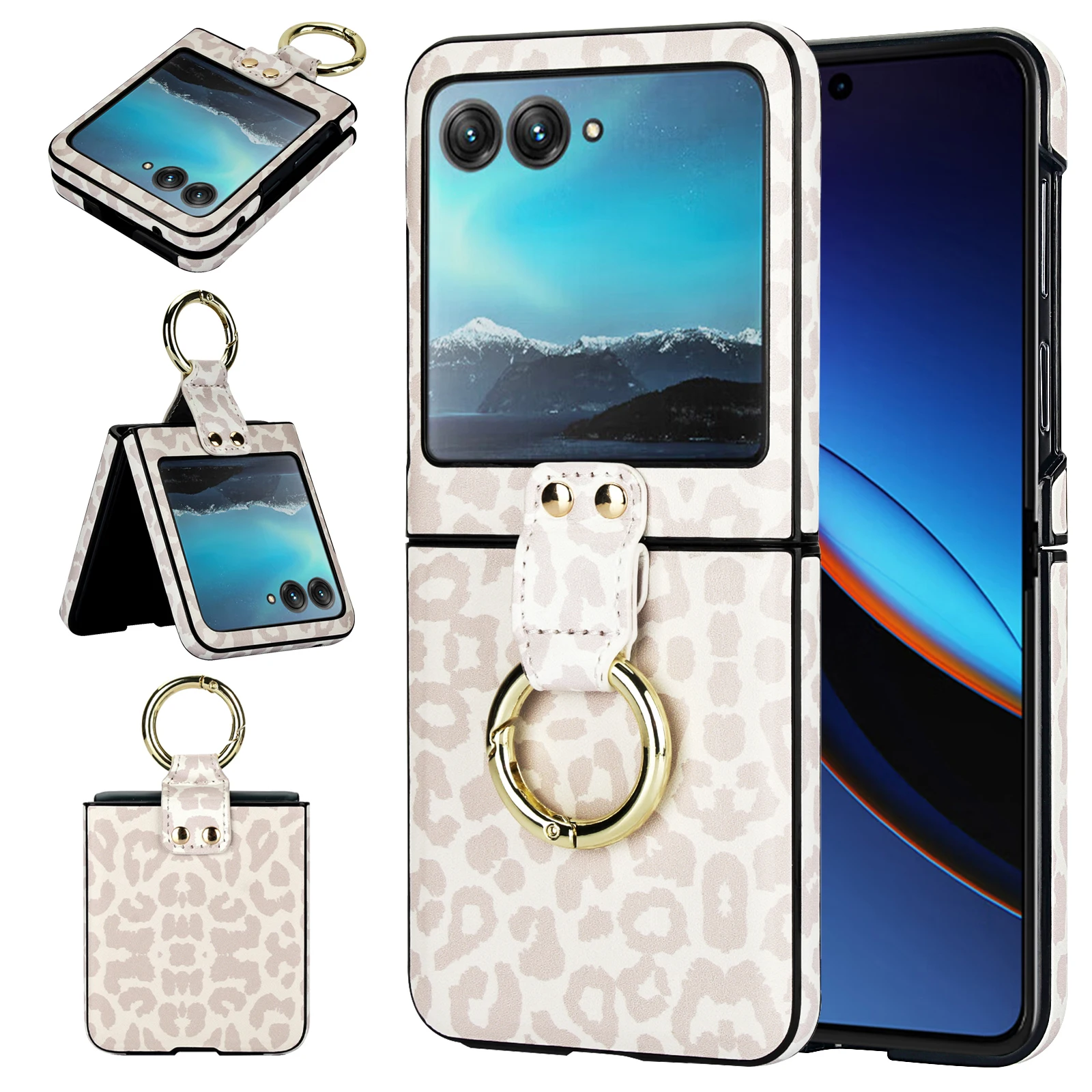 For Motorola Razr 40 Ultra Case Luxury Leopard Print Colorful Leather Pattern Ring Bracket Shockproof Protection Cover Accessory