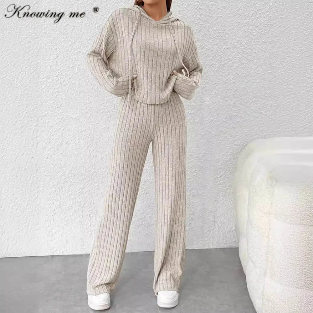 Women’s Ribbed Lounge Wear Sets Elegant casual Hooded Long Sleeve 2 Pieces set Lady fashion solid color Knitting Set outfit suit