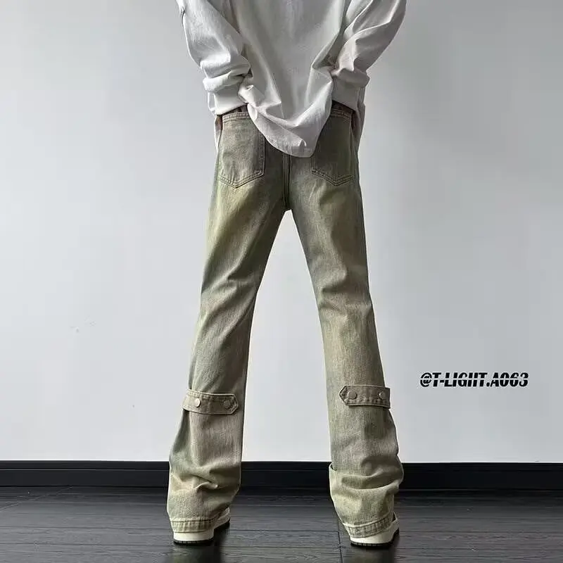 

Американские ретро-джинсы желтого цвета с эффектом потертости, мужские повседневные свободные брюки с поясом, модные джинсы для весны и осени в стиле High Street, синие джинсы