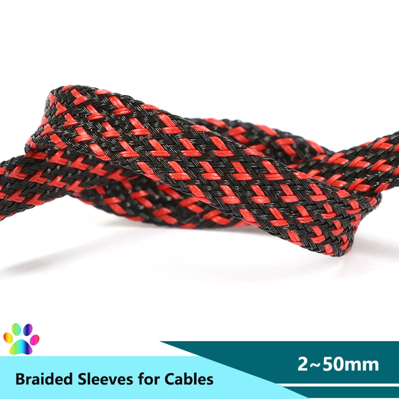 

Black-Red PET Braid Sleeves 2/4/6/8/10/12/14/16/20/25/30/40/50mm High Density Insulated Snake Skin Cable Wrap Sheath Wire Sleeve