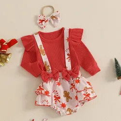 0 to 18 Months Christmas Baby Girls Shorts Sets Long Sleeves Bodysuit and Gingerbread Print Overalls Shorts Cute Headband