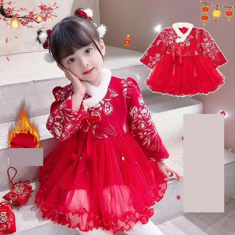 Winter Girls New Year Dress Cotton Chinese Lovely Children Tang Suit Kids Embroidery Traditional Cotton-padded Clothes