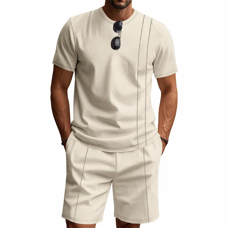 Hot Selling American Summer New Men's Waffle Knit Short Sleeved Shorts Set Casual Breathable Cotton Street Wear fashion suits