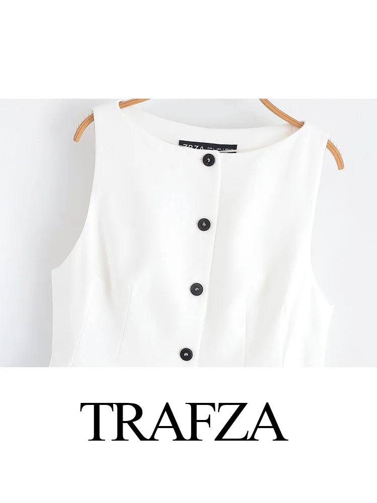 

TRAFZA Summer Women Fashion Sleeveless Round Collar Single-breasted Vest+Casual Zipper High-Waisted Side Pockets Solid Pant Suit