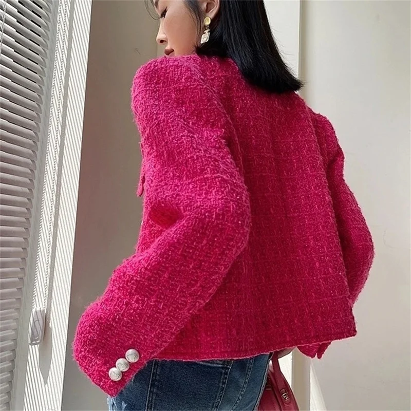 Moda 2025, otoño, nuevos Blazers, chaqueta para mujer, traje de Tweed con doble botonadura, abrigo pequeño con fragancia, chaqueta ajustada con temperamento para mujer