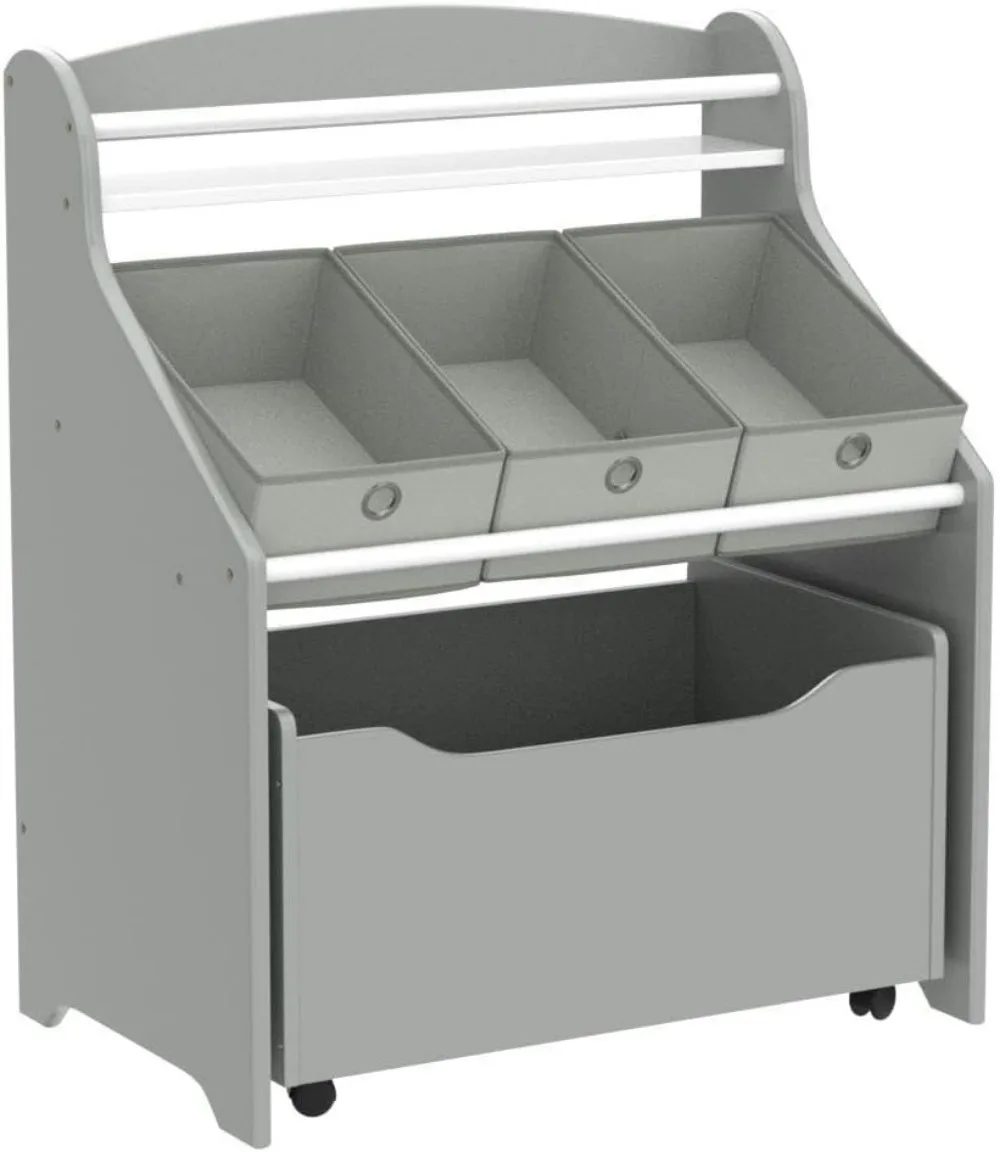 رف كتب للأطفال 3 في 1 ومنظم تخزين الألعاب مع صندوق دوار وصناديق قماش لغرفة اللعب في الحضانة