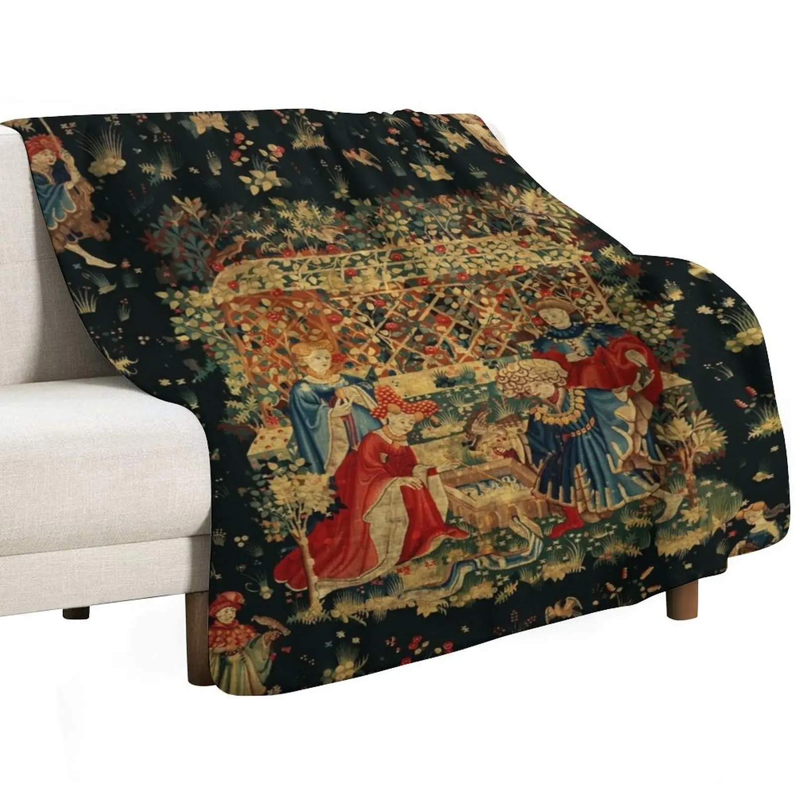 FALCONS BATH Red Blue Antique Medieval Tapestry,Court Figures,Birds, Flowers ,Rose Trellis Throw Blanket Summer Heavy Blankets