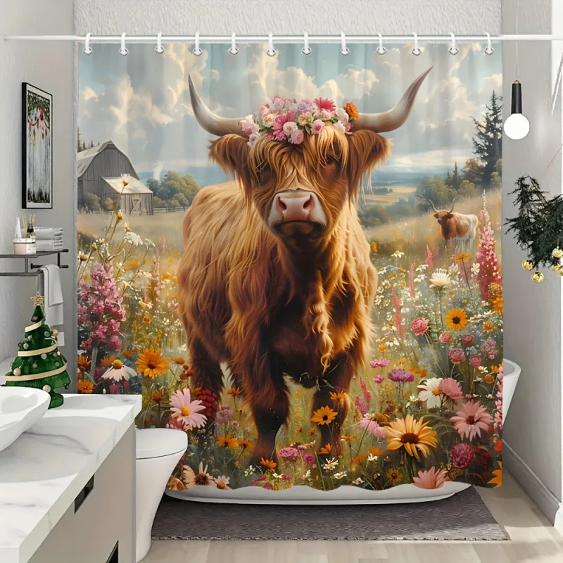 Rustic Farmhouse Highland Cow Shower Curtain - Washable Polyester, Floral & Animal Print, Includes Hooks for Easy Hanging