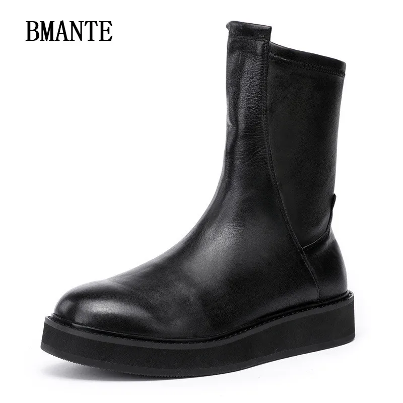 Bmante Genuine Leather Men Shoes Luxury Trainers Male Adult Ankle Boots Casual Lace-up Flatform Black Sneakers Gothic Owen Seak