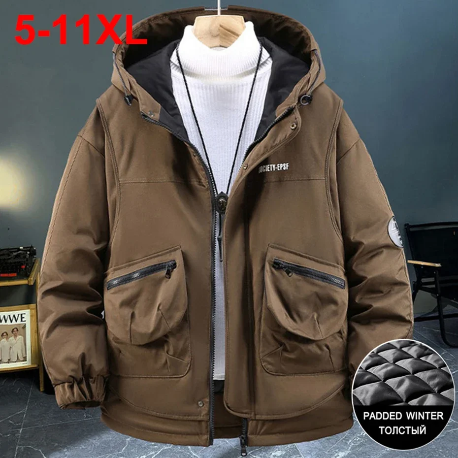 Winter Heren Jassen Plus Size 10xl 11xl Gewatteerde Jas Dikker Warme Capuchon Parka \'S Multi Pocket Zwarte Losse Casual Jas Bovenkleding